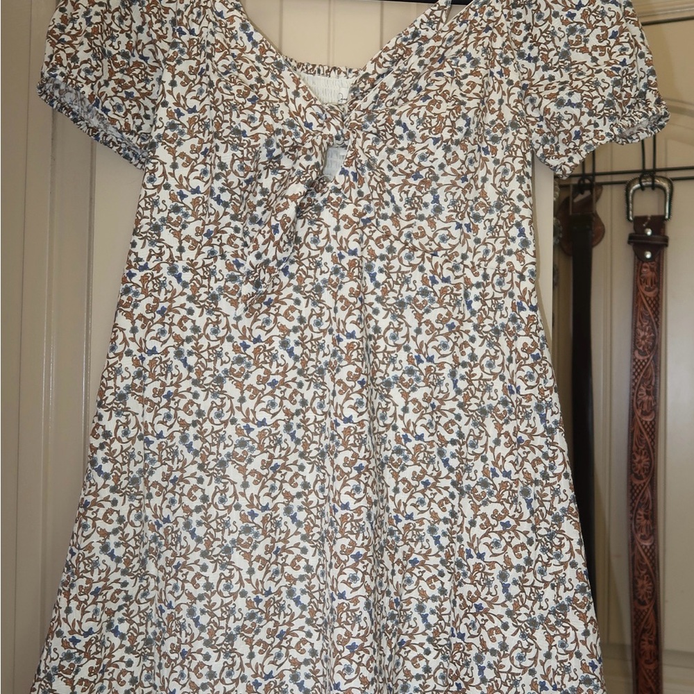 Jessica Simpson women’s  White Floral Cotton Dress with Blue and Brown Print